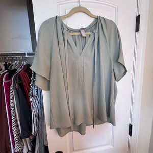 H&M Sage Green Tie-Neck Flutter Sleeve Blouse
